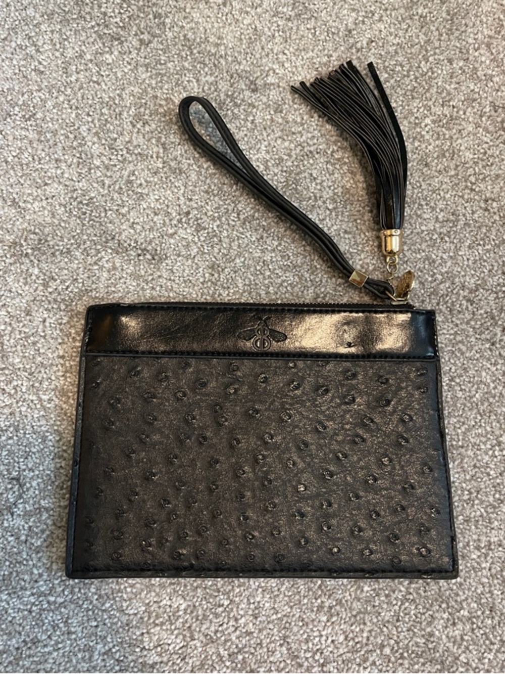 Bosom Buddy Bags Black Ostrich-Texture Wristlet Clutch with Tassel